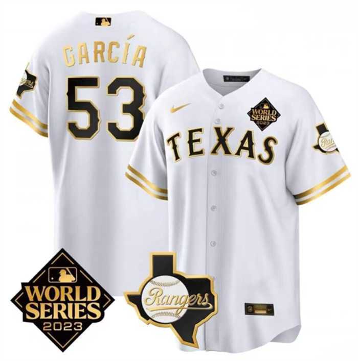 Men%27s Texas Rangers & Cowboys #53 Adolis Garcia White 2023 World Series Splite Stitched Baseball Jersey Dzhi->texas rangers->MLB Jersey